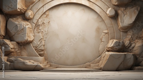 Elegant Stone Circular Stage Surrounded by Natural Rock Formations in Neutral Tones for Artistic Displays or Events