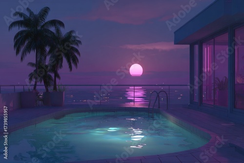 Sunset pool scene with palms, water, and cityscape bathed in vibrant pink and purple hues