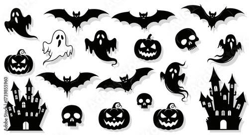 Halloween themed graphic elements including bats, ghosts, pumpkins, skulls, and haunted castles in black and white.
