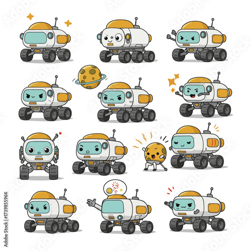 Cute cartoon space rover character set with various emotions.