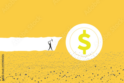 Businessman mining dollar. concept of Business investment, making and earning money