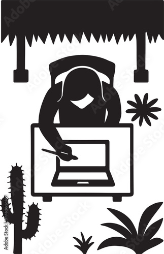 Silhouette of a person working at a desk with a laptop and stylus in a desert landscape with cacti and plants