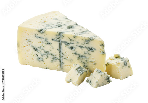 Isolated wedge of blue cheese with smaller pieces on table, food photography style
