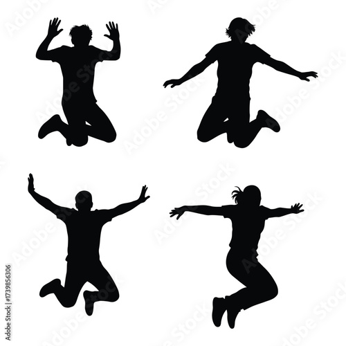 Dynamic silhouettes of four people jumping joyfully capturing moments of freedom and exuberance for active lifestyle and celebration designs silhouette