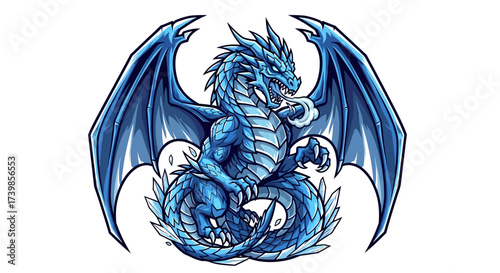 Epic blue ice dragon breathing frosty breath, ready for fantasy battles and mythical adventures, a powerful mascot for gaming and esports teams