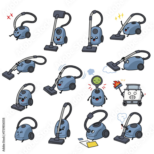 Cute cartoon vacuum cleaner character mascot set with various expressions and poses.