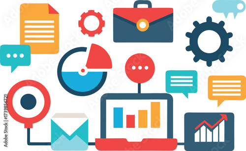 Marketing and seo icons pack detailed vector illustration for digital business growth