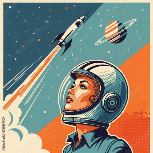 Retro female astronaut looks up at a launching rocket in space