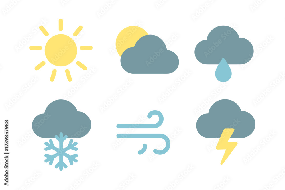 Fototapeta premium Flat design set of six essential weather forecast symbols for digital interfaces