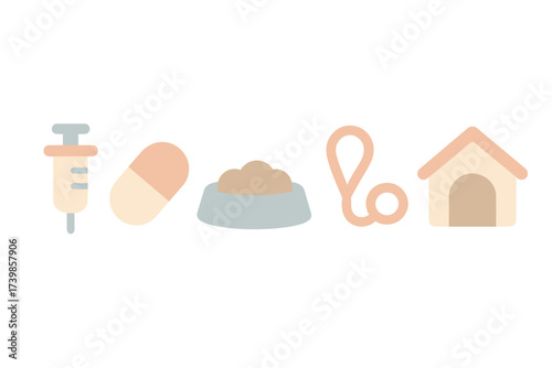 Minimalist collection of icons depicting pet health, veterinary treatment, supplies, and housing