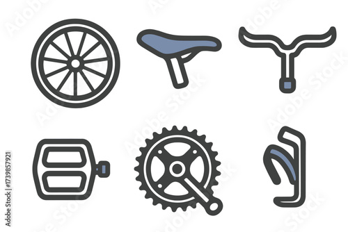 Essential bicycle parts set including wheel, saddle, handlebars, pedal, and crankset gear