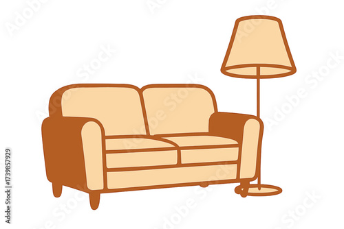 Classic two-seater sofa and tall standing lamp isolated on a white background