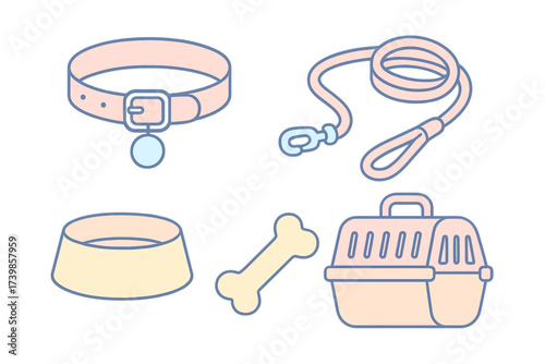 Set of essential accessories for domestic pets including collar leash and travel carrier