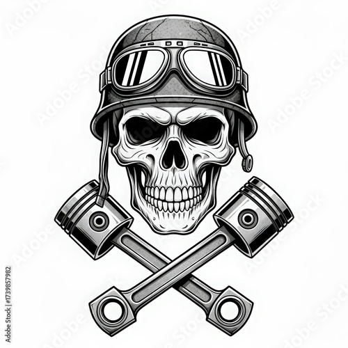 Skull in a vintage motorcycle helmet with crossed pistons