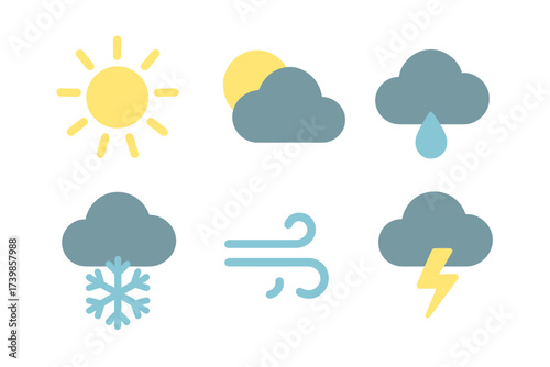 Flat design set of six essential weather forecast symbols for digital interfaces