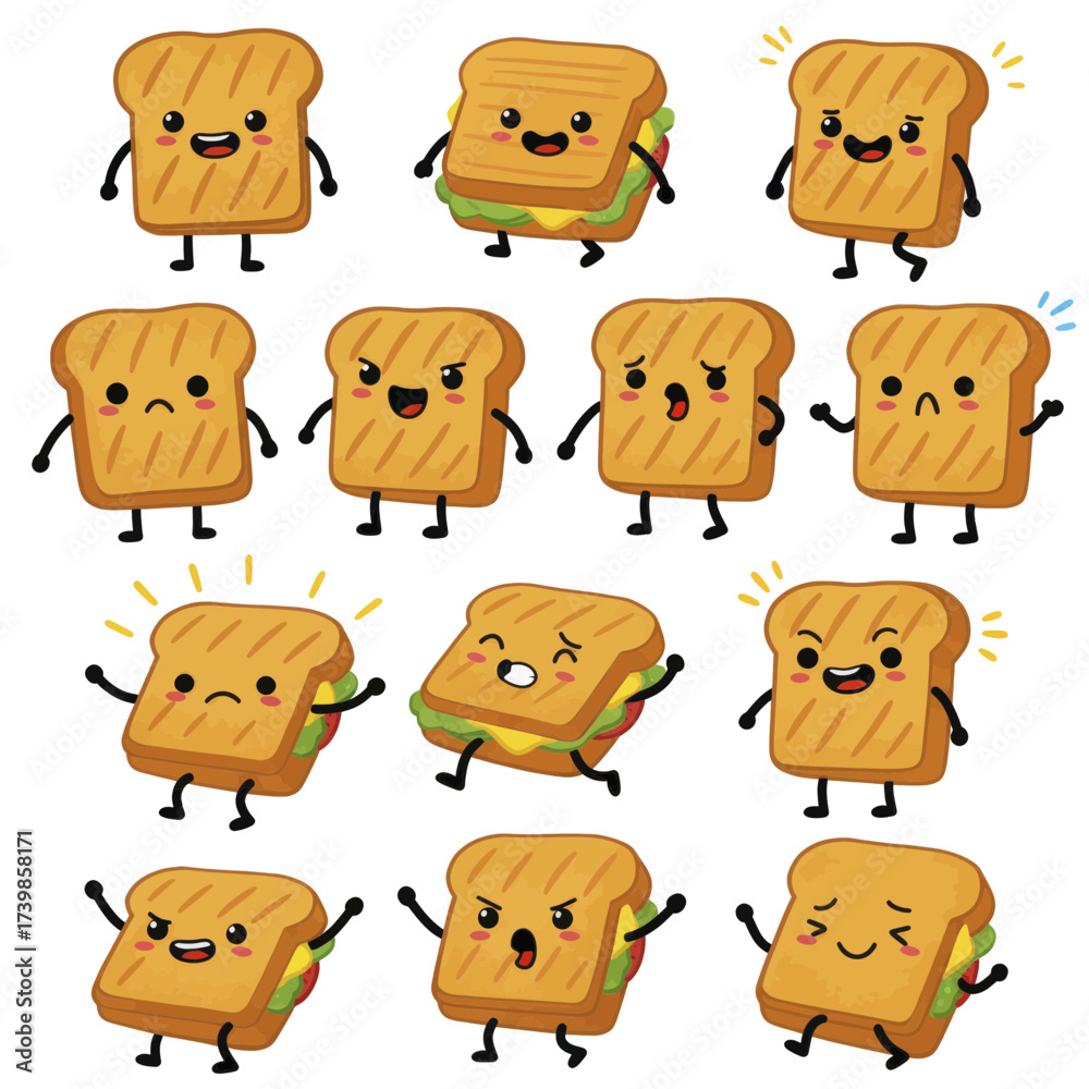 Obraz premium Set of cute kawaii toast and sandwich characters with various emotions.