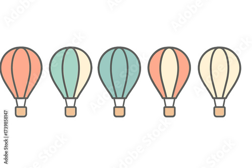 Colorful row of stylized hot air balloons floating against a white background