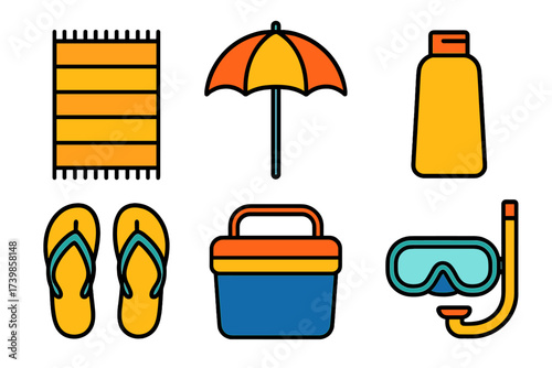 Colorful summer beach vacation accessories including towel umbrella and sunscreen