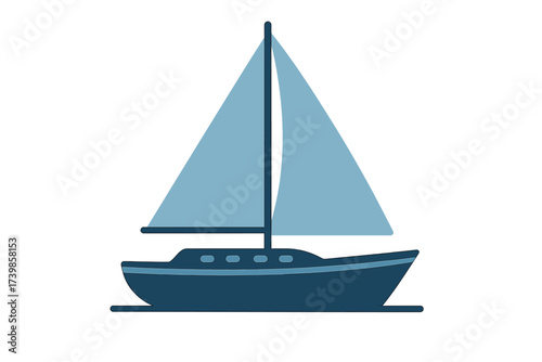 Minimalist sailboat with blue sails and dark hull isolated on white background