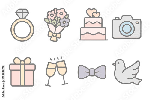 Essential marriage and celebration symbols set featuring engagement ring, tiered cake, floral bouquet, and camera