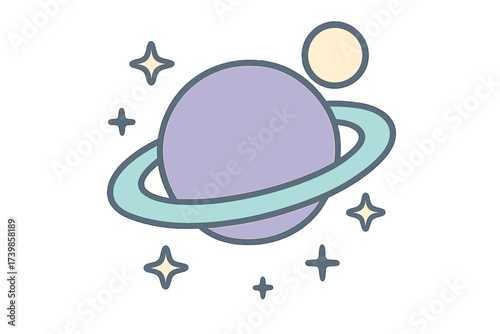Stylized purple planet with blue rings and orbiting moon surrounded by sparkling stars