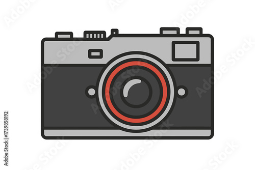 Stylized retro camera icon with large lens and viewfinder on white background