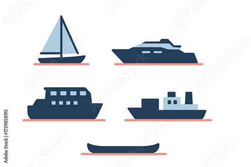 Minimalist set of water transport symbols including sailboat yacht ferry and canoe