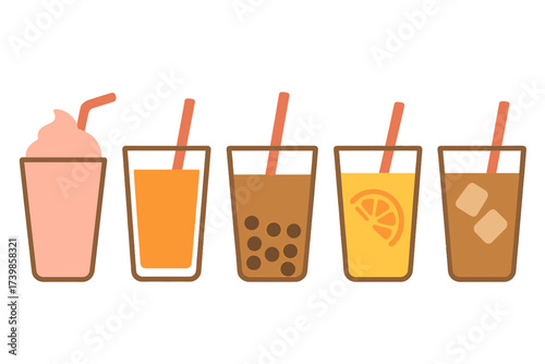 Row of various refreshing cold beverages including smoothie, juice, bubble tea, and iced coffee