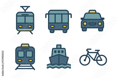 Set of public transportation and travel vehicles including tram bus taxi train ship and bicycle