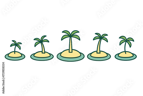 Five small tropical islands with palm trees floating on the ocean water surface in a row