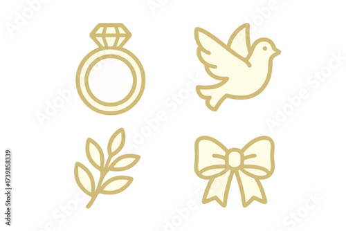 Golden wedding and celebration icons set featuring engagement ring dove branch and ribbon bow