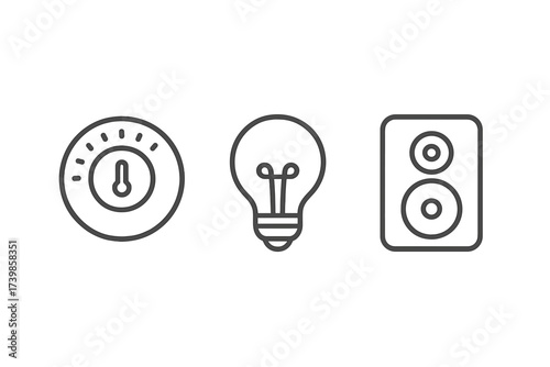 Minimalist line icons for temperature control, creative ideas, and sound output devices