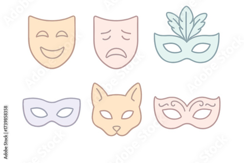 Collection of stylized comedy, tragedy, masquerade, and animal face masks