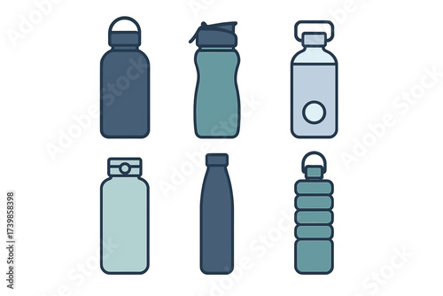 Collection of reusable water bottles and flasks for hydration and sports