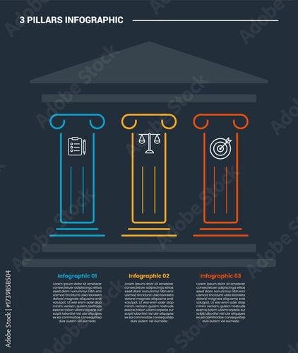 3 pillars infographic process diagram with ancient pillar style with dark background bright outline style 3 points