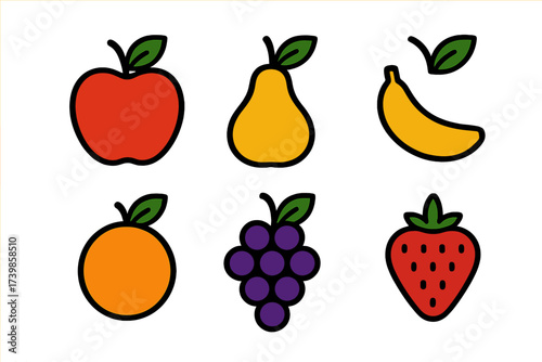 Colorful stylized fruit icons collection featuring apple pear banana orange grapes strawberry