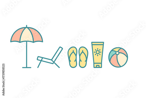 Summer vacation and beach essentials set including umbrella chair flip flops sunscreen and ball