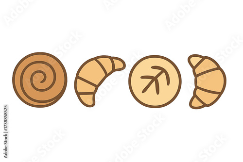 Simple graphic elements depicting croissants, cinnamon roll, and bread loaf
