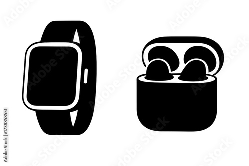 Modern wearable technology devices icon set featuring smartwatch and wireless earbuds in charging box