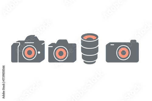 Modern flat style set of photographic equipment including camera bodies and lens