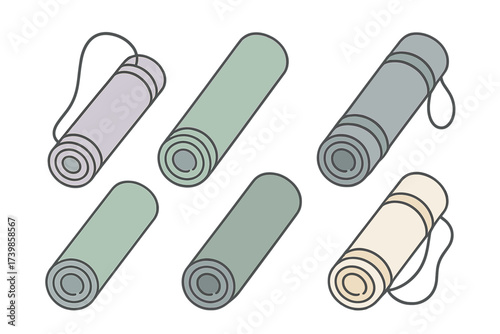 Set of six rolled fitness and yoga mats in various muted pastel colors