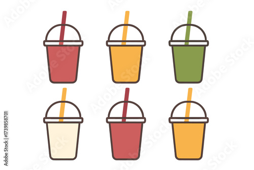 Colorful icons of cold drinks in disposable plastic cups with dome lids and straws