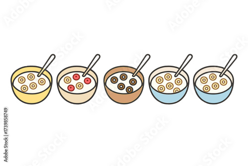 Row of five colorful bowls filled with breakfast cereal, milk, and spoons