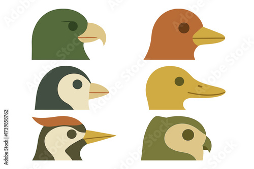Collection of six stylized bird heads profiles in modern geometric design
