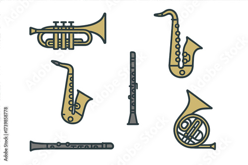 Set of stylized icons featuring brass and woodwind musical instruments
