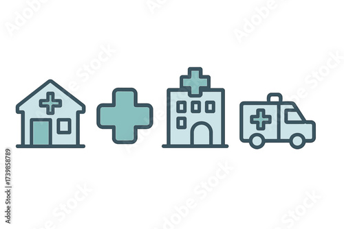 Collection of healthcare and medical facility icons including hospital building, clinic, cross symbol, and ambulance vehicle