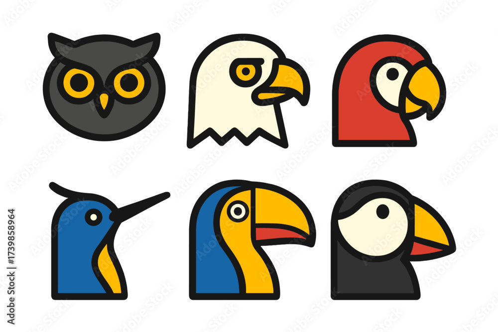 Obraz premium Six stylized bird heads including owl, eagle, parrot, toucan, and puffin