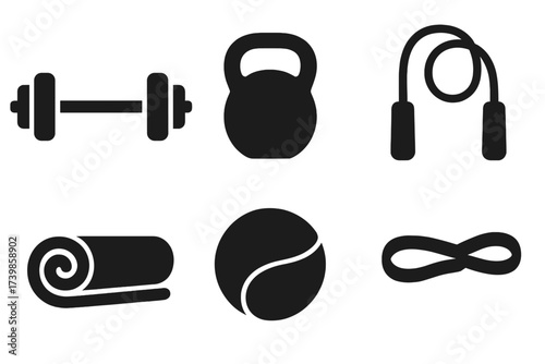 Black silhouette collection of various gym and fitness workout equipment items