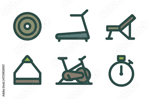 Set of stylized icons representing common gym and workout equipment