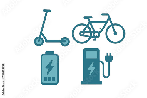 Flat design icons of electric scooter, bicycle, battery, and charging station